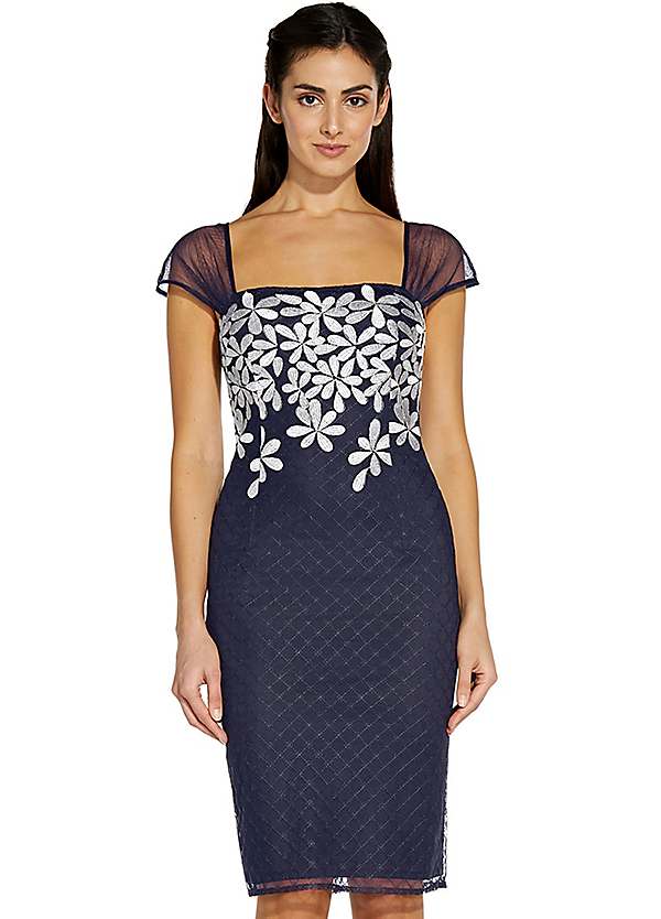 Floral Lattice Embroidered Short Sheath Dress by Adrianna Papell